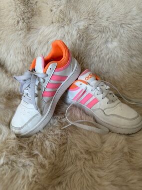 adidas Kids White Sneakers with Pink Stripes & Orange Lining
